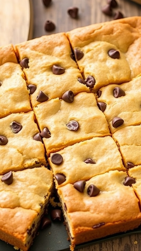 Decadent Brown Butter Blondies Recipe A tray of golden brown butter blondies cut into squares, with chocolate chips, on a rustic wooden table.